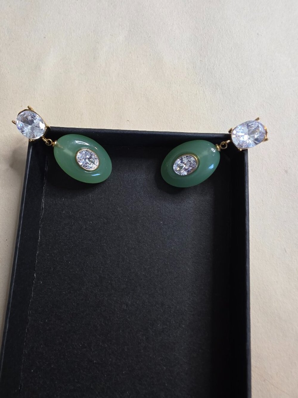 Green Resin Oval Crystal Statement Dangle Earrings Gold Tone